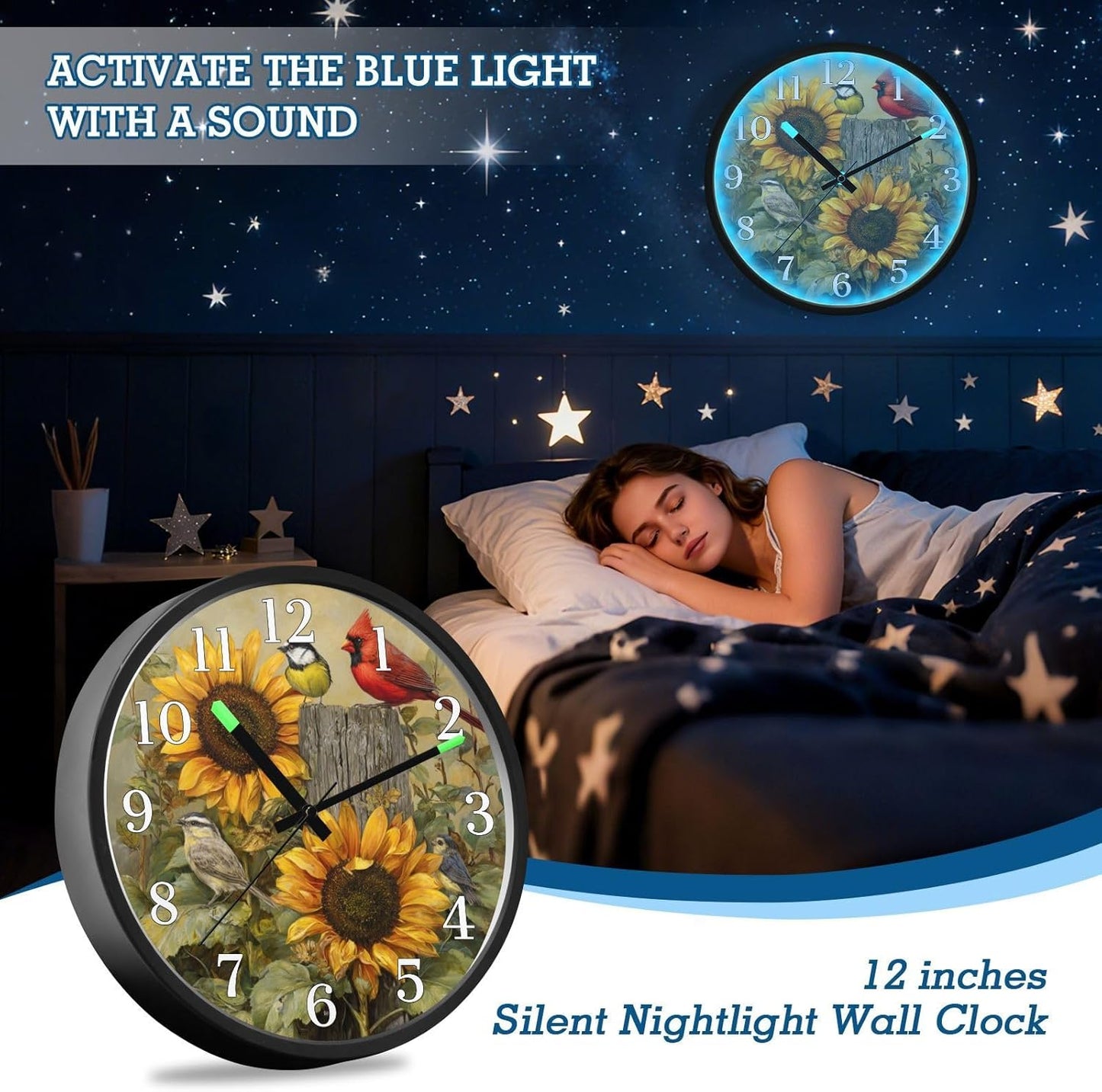Lemon Yellow Night Light Wall Clock Light Up Luminous Non-Ticking Silent Battery Operated Clocks 12 Inch for Kitchen Home