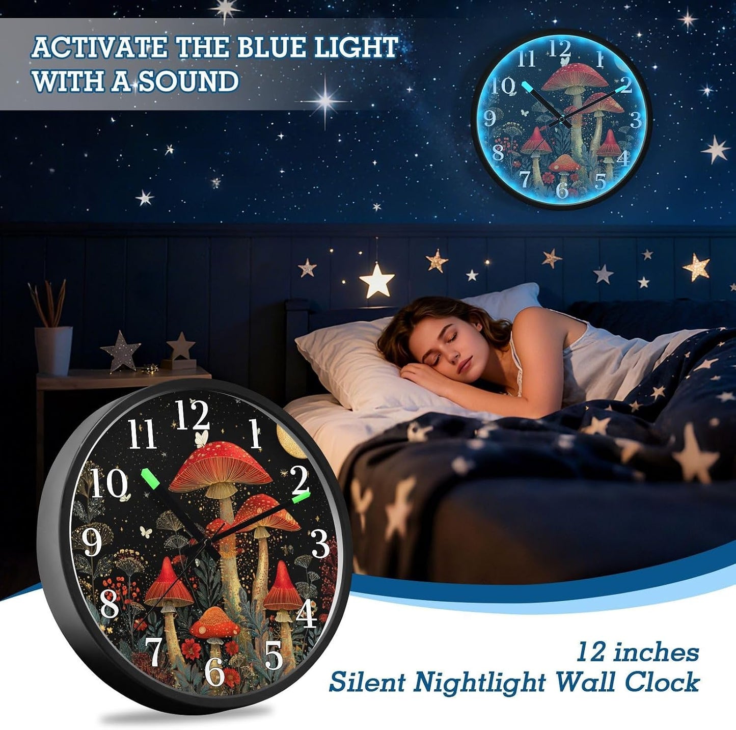 Lemon Yellow Night Light Wall Clock Light Up Luminous Non-Ticking Silent Battery Operated Clocks 12 Inch for Kitchen Home