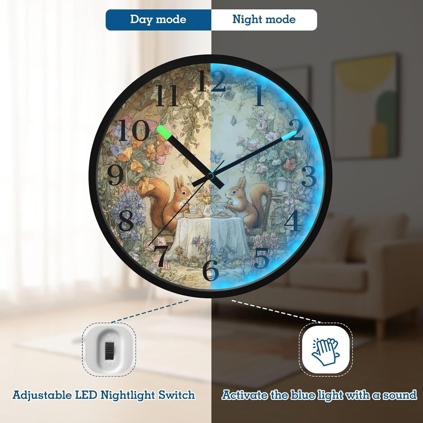 Lemon Yellow Night Light Wall Clock Light Up Luminous Non-Ticking Silent Battery Operated Clocks 12 Inch for Kitchen Home