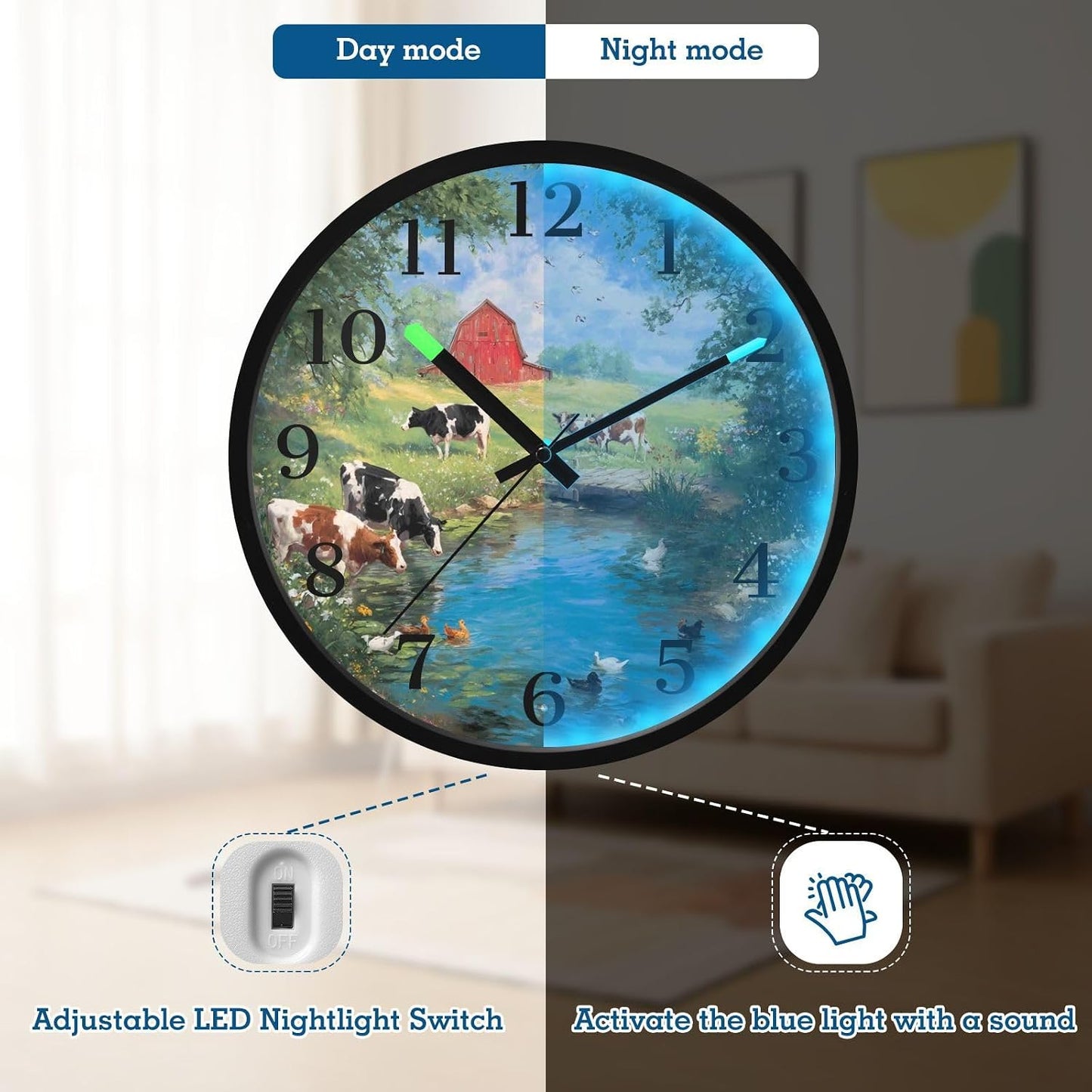 Lemon Yellow Night Light Wall Clock Light Up Luminous Non-Ticking Silent Battery Operated Clocks 12 Inch for Kitchen Home