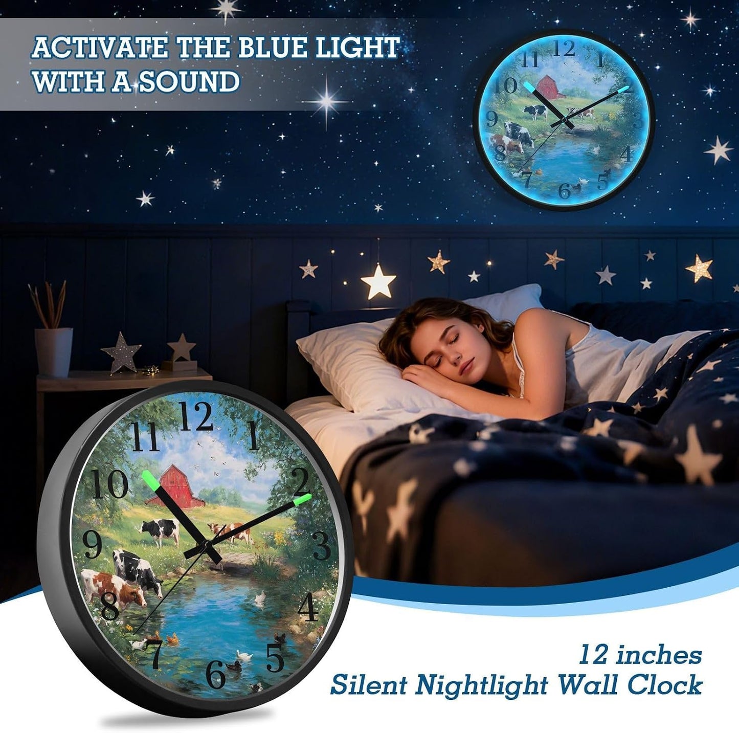 Lemon Yellow Night Light Wall Clock Light Up Luminous Non-Ticking Silent Battery Operated Clocks 12 Inch for Kitchen Home