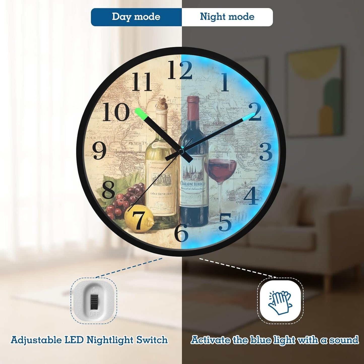 Lemon Yellow Night Light Wall Clock Light Up Luminous Non-Ticking Silent Battery Operated Clocks 12 Inch for Kitchen Home