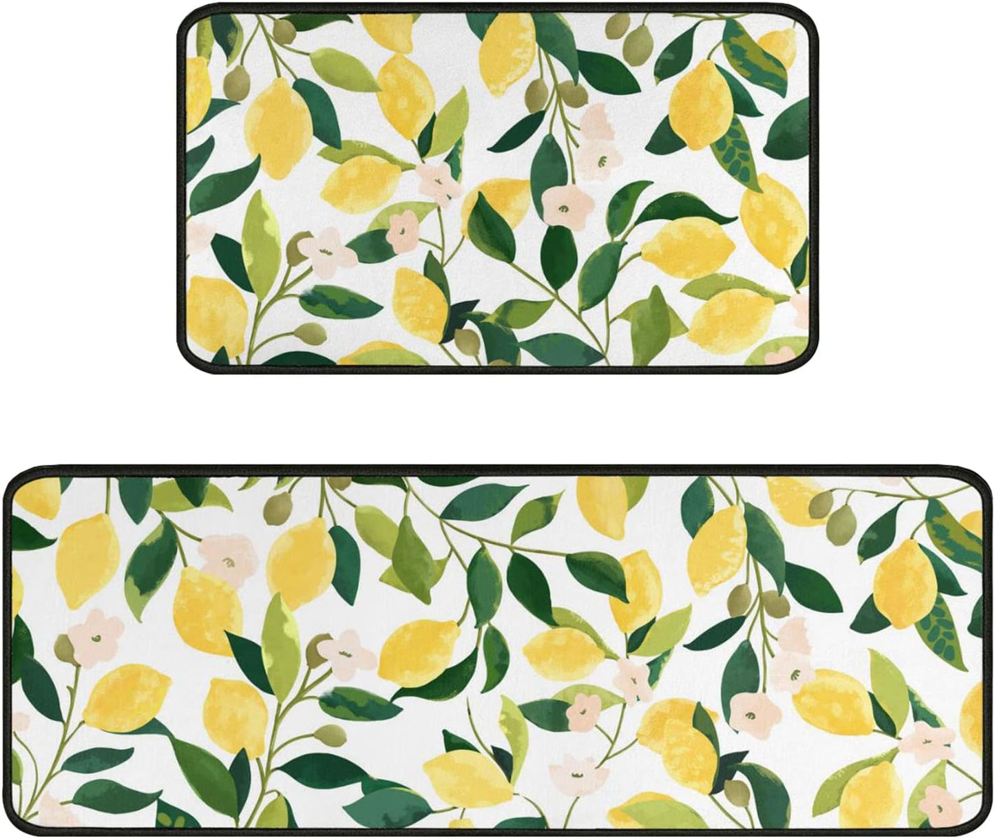 Lemon Kitchen Rugs and Mats Set of 2,Spring Summer Kitchen Decoration Rubber Backing Non-Slip Absorbent Kitchen Mats for Sink,Waterproof Runner Rug for Laundry Room,17x30+17x48inch