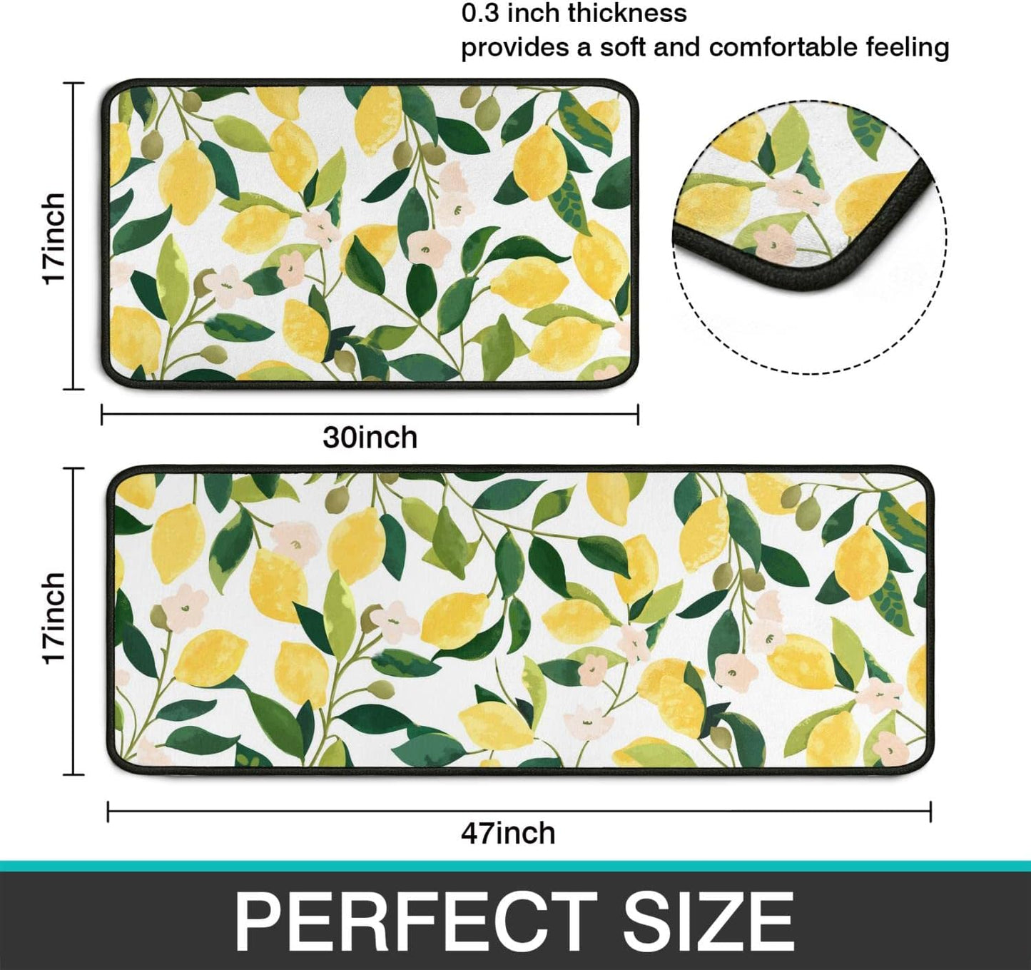 Lemon Kitchen Rugs and Mats Set of 2,Spring Summer Kitchen Decoration Rubber Backing Non-Slip Absorbent Kitchen Mats for Sink,Waterproof Runner Rug for Laundry Room,17x30+17x48inch
