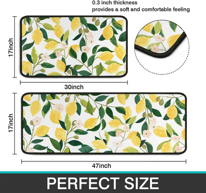 Lemon Kitchen Rugs and Mats Set of 2,Spring Summer Kitchen Decoration Rubber Backing Non-Slip Absorbent Kitchen Mats for Sink,Waterproof Runner Rug for Laundry Room,17x30+17x48inch