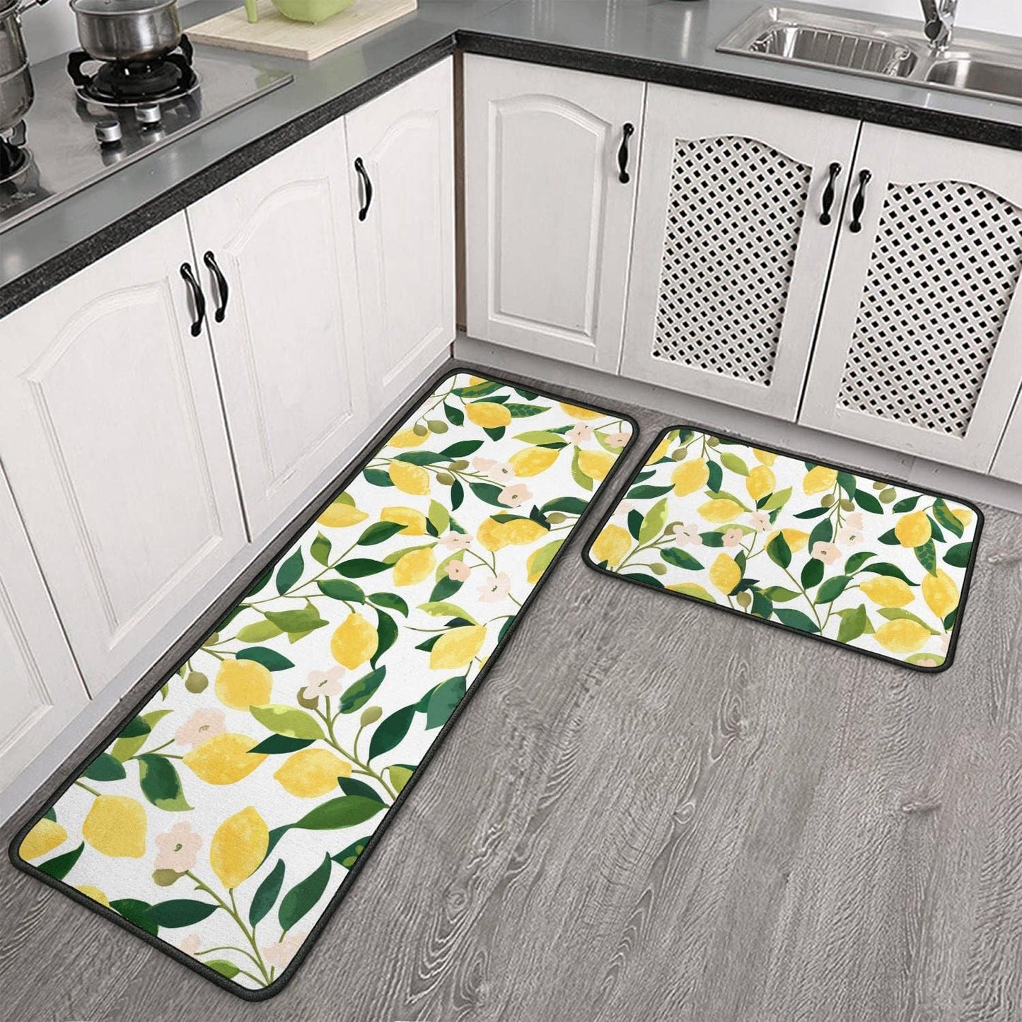Lemon Kitchen Rugs and Mats Set of 2,Spring Summer Kitchen Decoration Rubber Backing Non-Slip Absorbent Kitchen Mats for Sink,Waterproof Runner Rug for Laundry Room,17x30+17x48inch