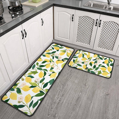 Lemon Kitchen Rugs and Mats Set of 2,Spring Summer Kitchen Decoration Rubber Backing Non-Slip Absorbent Kitchen Mats for Sink,Waterproof Runner Rug for Laundry Room,17x30+17x48inch
