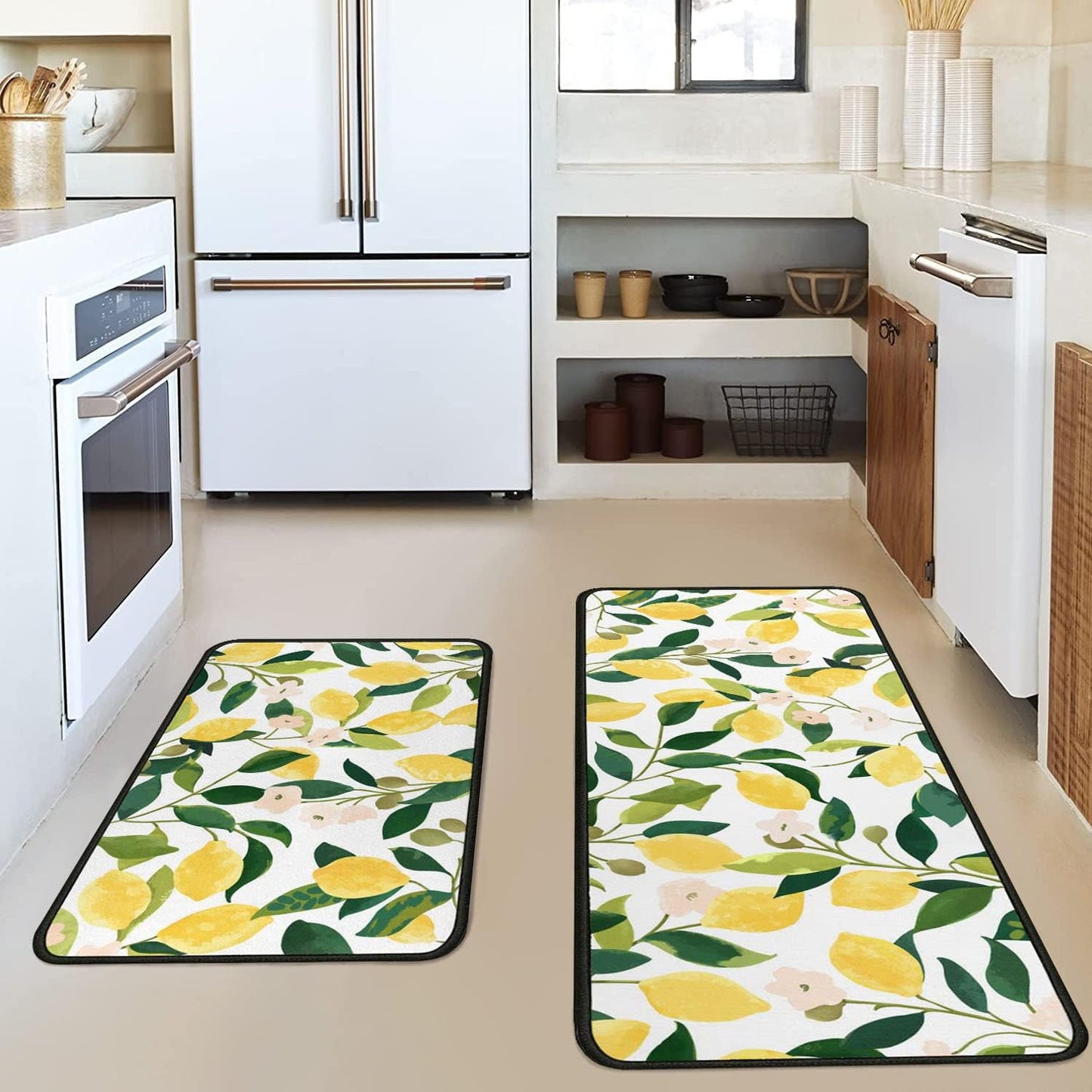 Lemon Kitchen Rugs and Mats Set of 2,Spring Summer Kitchen Decoration Rubber Backing Non-Slip Absorbent Kitchen Mats for Sink,Waterproof Runner Rug for Laundry Room,17x30+17x48inch