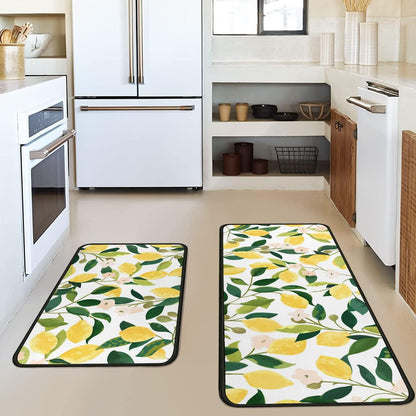 Lemon Kitchen Rugs and Mats Set of 2,Spring Summer Kitchen Decoration Rubber Backing Non-Slip Absorbent Kitchen Mats for Sink,Waterproof Runner Rug for Laundry Room,17x30+17x48inch