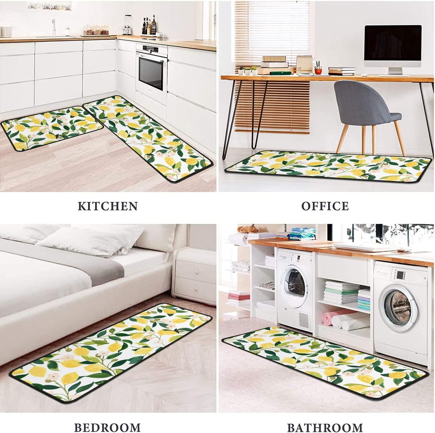 Lemon Kitchen Rugs and Mats Set of 2,Spring Summer Kitchen Decoration Rubber Backing Non-Slip Absorbent Kitchen Mats for Sink,Waterproof Runner Rug for Laundry Room,17x30+17x48inch