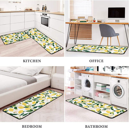 Lemon Kitchen Rugs and Mats Set of 2,Spring Summer Kitchen Decoration Rubber Backing Non-Slip Absorbent Kitchen Mats for Sink,Waterproof Runner Rug for Laundry Room,17x30+17x48inch
