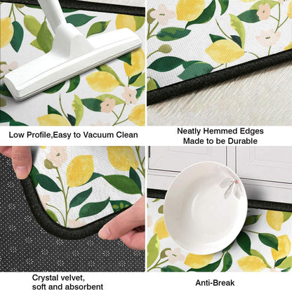 Lemon Kitchen Rugs and Mats Set of 2,Spring Summer Kitchen Decoration Rubber Backing Non-Slip Absorbent Kitchen Mats for Sink,Waterproof Runner Rug for Laundry Room,17x30+17x48inch