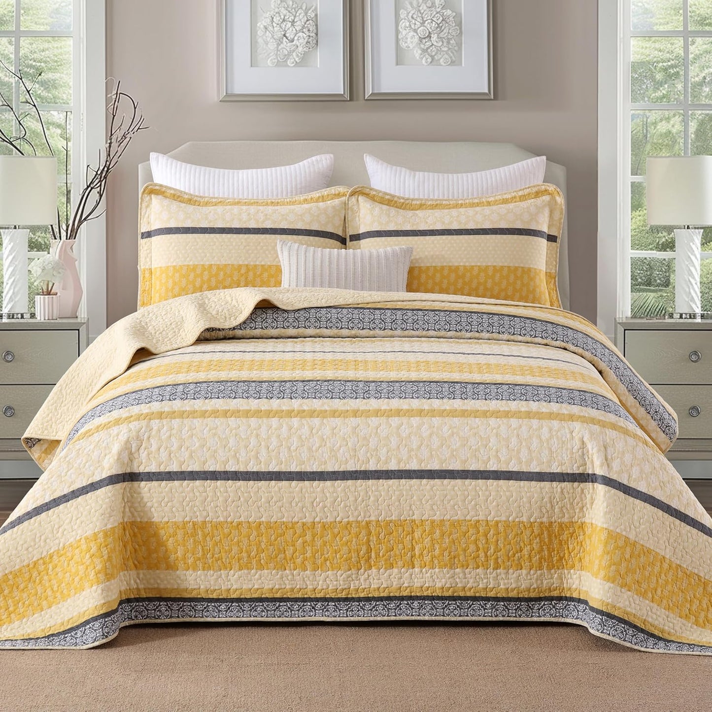 Quilt Cotton Queen Quilt Bedding Set,Yellow Black Grey Queen Size Comforter Set,Striped Bedspread Queen Size, Lightweight Farmhouse Bed Set Cover All Season 3 Pieces