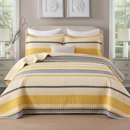 Quilt Cotton Queen Quilt Bedding Set,Yellow Black Grey Queen Size Comforter Set,Striped Bedspread Queen Size, Lightweight Farmhouse Bed Set Cover All Season 3 Pieces