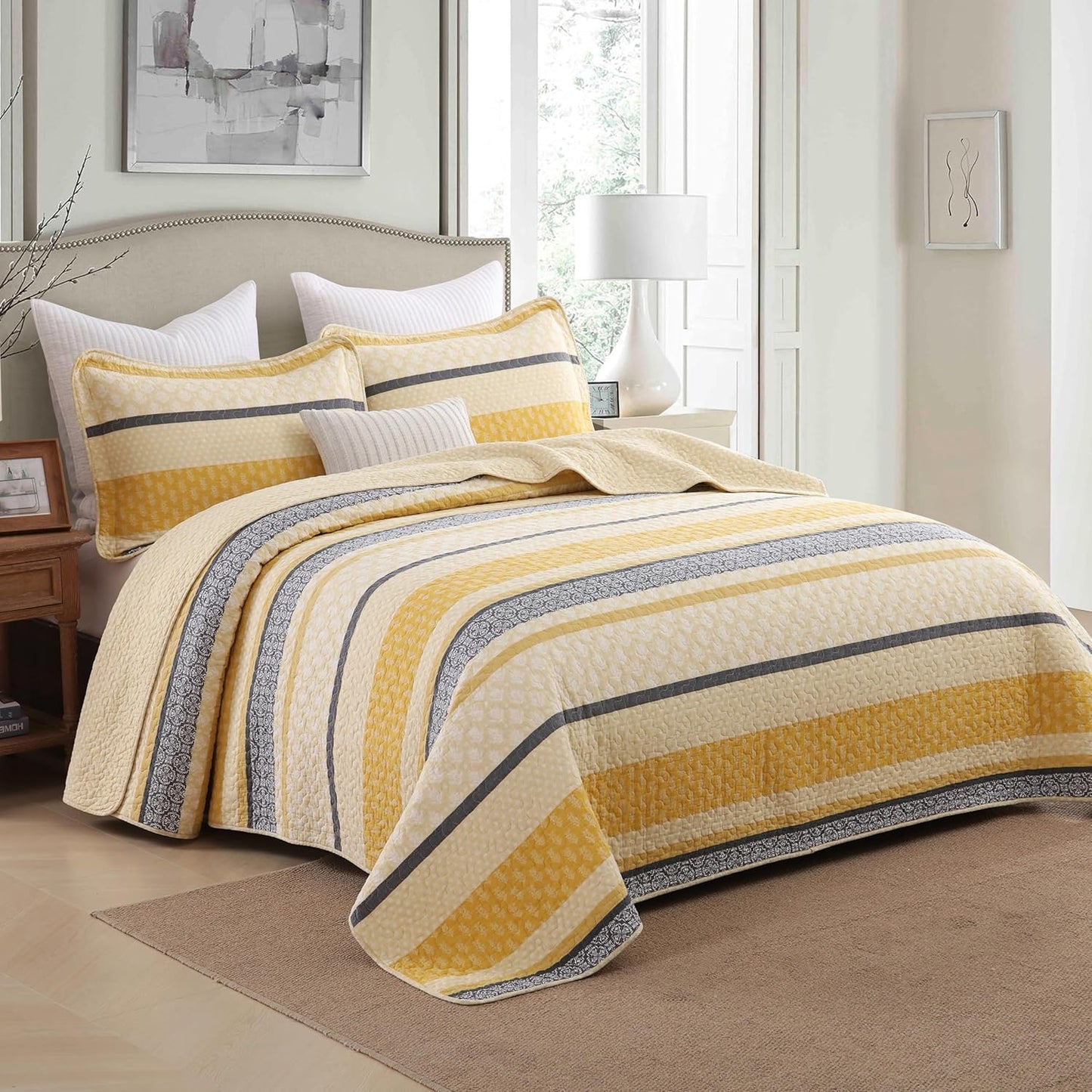 Quilt Cotton Queen Quilt Bedding Set,Yellow Black Grey Queen Size Comforter Set,Striped Bedspread Queen Size, Lightweight Farmhouse Bed Set Cover All Season 3 Pieces