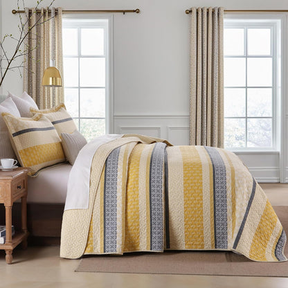 Quilt Cotton Queen Quilt Bedding Set,Yellow Black Grey Queen Size Comforter Set,Striped Bedspread Queen Size, Lightweight Farmhouse Bed Set Cover All Season 3 Pieces