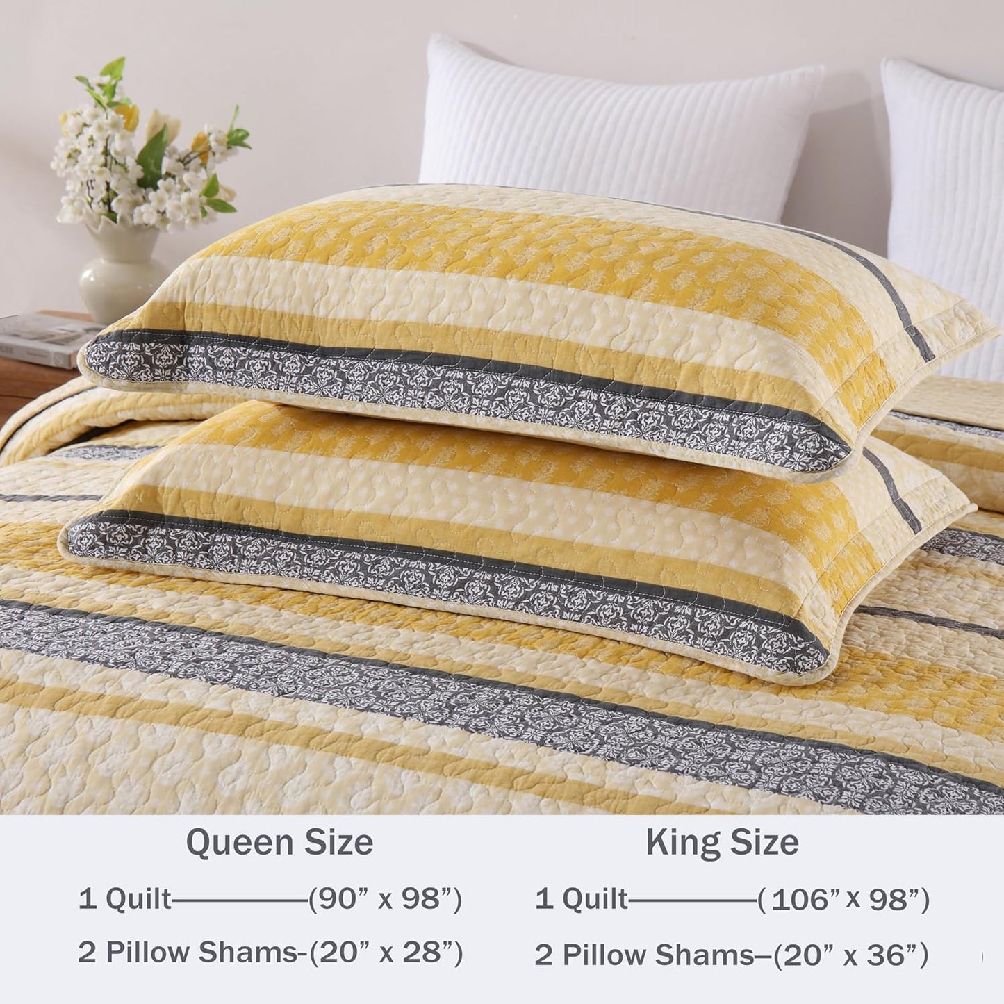 Quilt Cotton Queen Quilt Bedding Set,Yellow Black Grey Queen Size Comforter Set,Striped Bedspread Queen Size, Lightweight Farmhouse Bed Set Cover All Season 3 Pieces