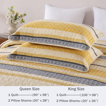 Quilt Cotton Queen Quilt Bedding Set,Yellow Black Grey Queen Size Comforter Set,Striped Bedspread Queen Size, Lightweight Farmhouse Bed Set Cover All Season 3 Pieces