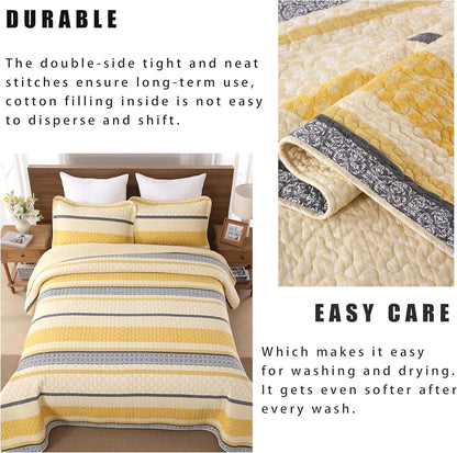 Quilt Cotton Queen Quilt Bedding Set,Yellow Black Grey Queen Size Comforter Set,Striped Bedspread Queen Size, Lightweight Farmhouse Bed Set Cover All Season 3 Pieces