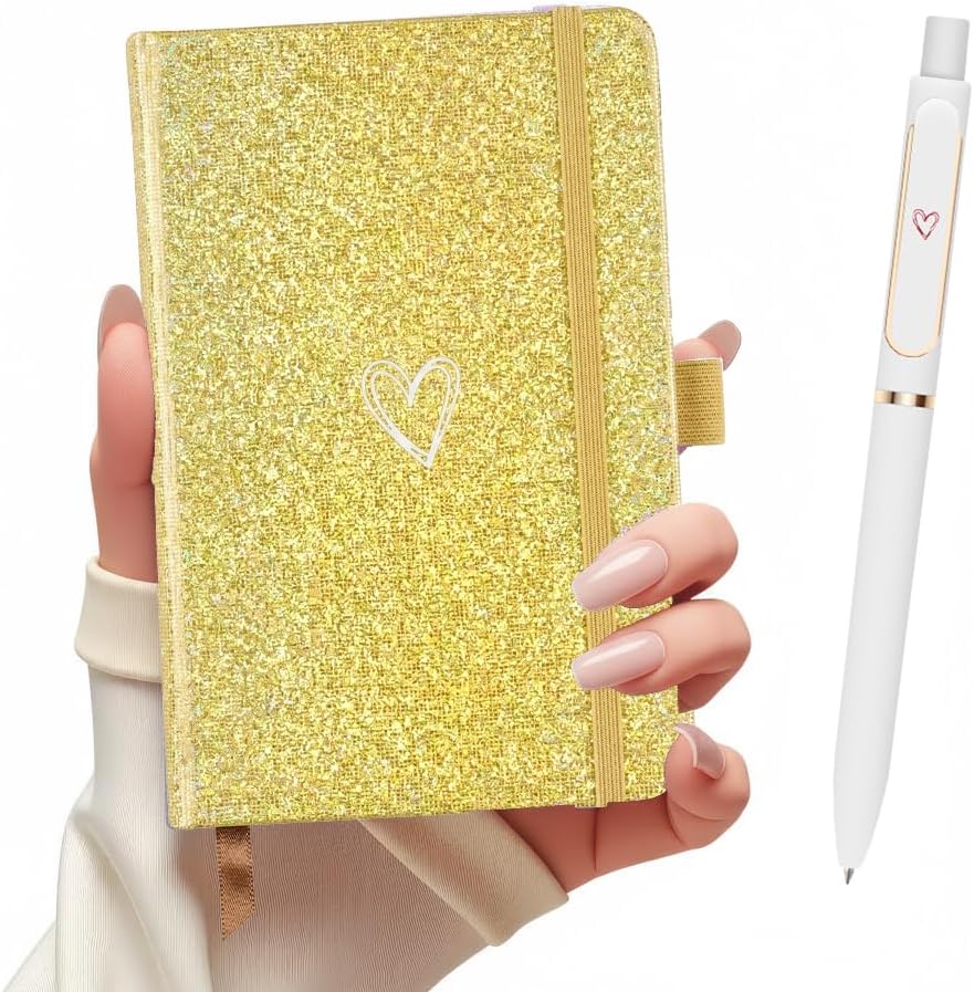 Bling A6 Notebook with Pen, Lined Journal Notebook A6 Notepad for Girls Women,Cute Heart Pattern Design Glitter Laser Diary College Ruled Hardcover Notebook for Work, School, Note Taking, Business (Yellow)