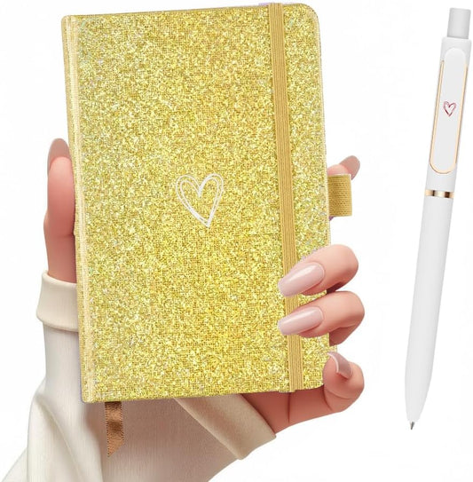 Bling A6 Notebook with Pen, Lined Journal Notebook A6 Notepad for Girls Women,Cute Heart Pattern Design Glitter Laser Diary College Ruled Hardcover Notebook for Work, School, Note Taking, Business (Yellow)