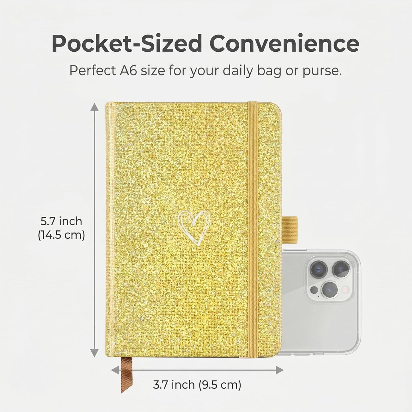 Bling A6 Notebook with Pen, Lined Journal Notebook A6 Notepad for Girls Women,Cute Heart Pattern Design Glitter Laser Diary College Ruled Hardcover Notebook for Work, School, Note Taking, Business (Yellow)