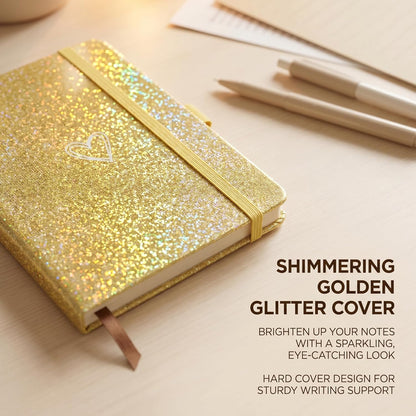 Bling A6 Notebook with Pen, Lined Journal Notebook A6 Notepad for Girls Women,Cute Heart Pattern Design Glitter Laser Diary College Ruled Hardcover Notebook for Work, School, Note Taking, Business (Yellow)