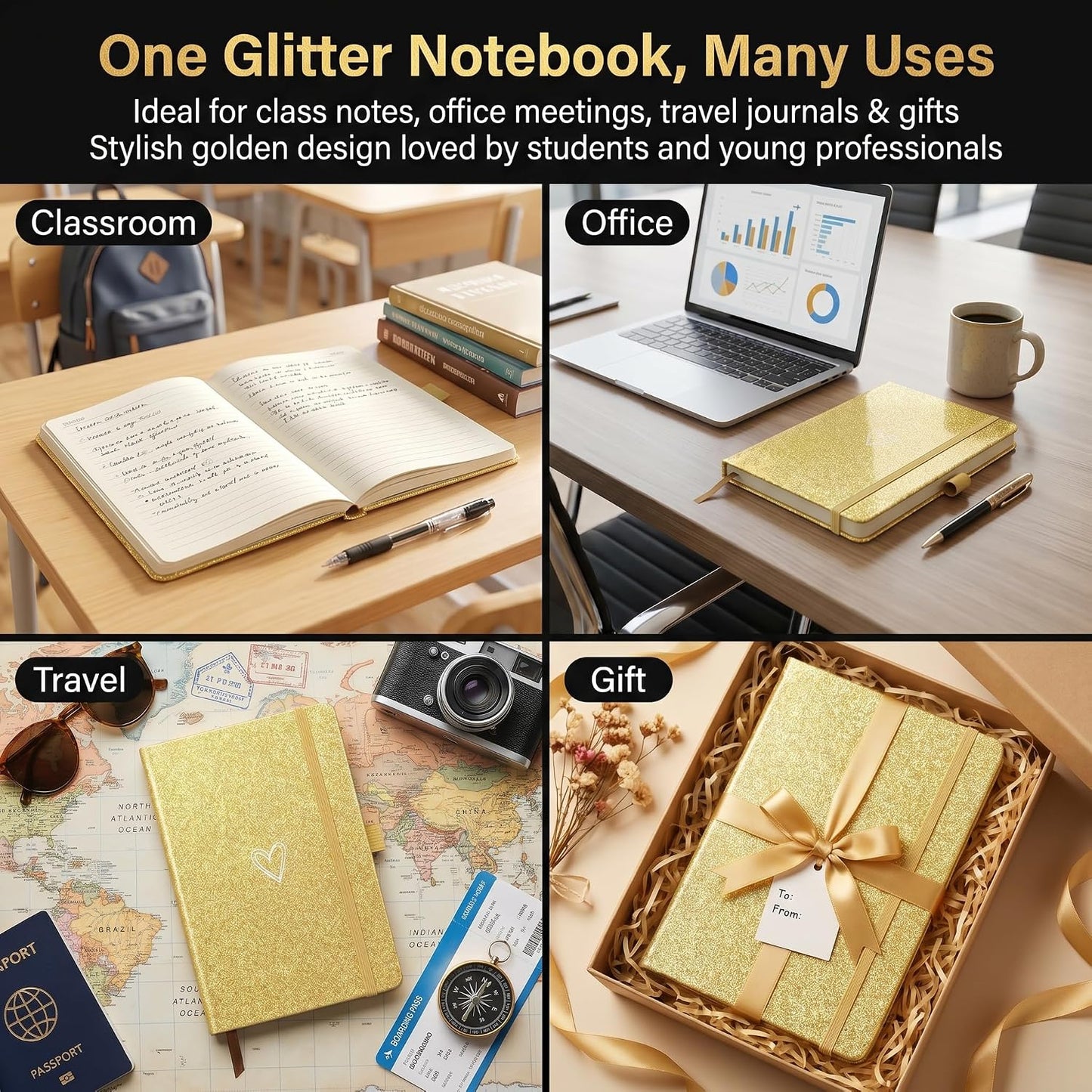 Bling A6 Notebook with Pen, Lined Journal Notebook A6 Notepad for Girls Women,Cute Heart Pattern Design Glitter Laser Diary College Ruled Hardcover Notebook for Work, School, Note Taking, Business (Yellow)