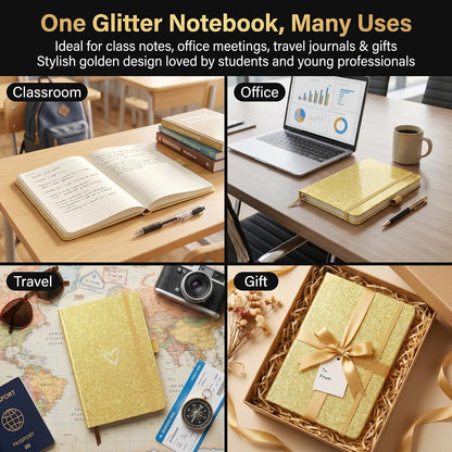Bling A6 Notebook with Pen, Lined Journal Notebook A6 Notepad for Girls Women,Cute Heart Pattern Design Glitter Laser Diary College Ruled Hardcover Notebook for Work, School, Note Taking, Business (Yellow)