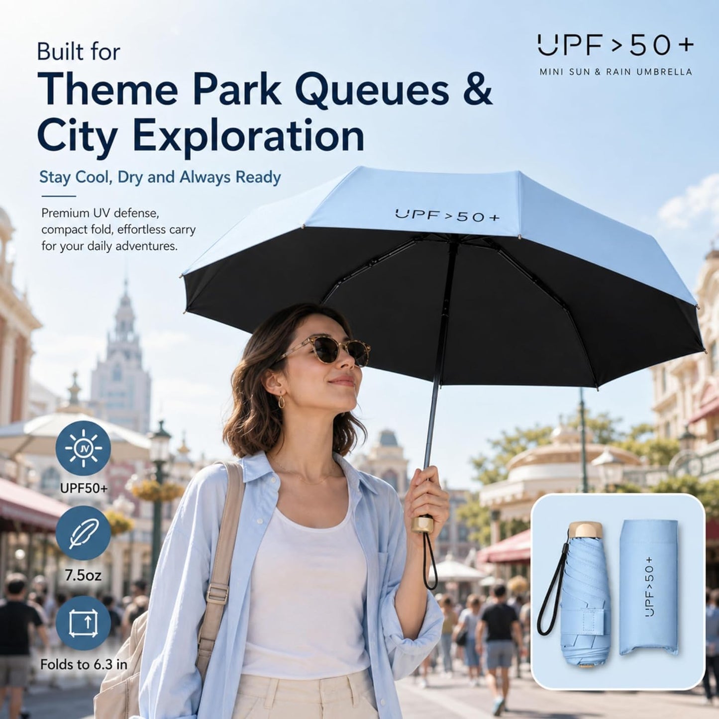 Compact Travel Umbrella, Mini Umbrella - UPF 50+ UV Protection & Waterproof, Windproof 6 Ribs Fiberglass, Pocket-Sized 6.3in Folded, Lightweight 7.05oz for Backpack Travel, Travel Essentials with Black Cooling Tech, for Women and Men, Perfect for