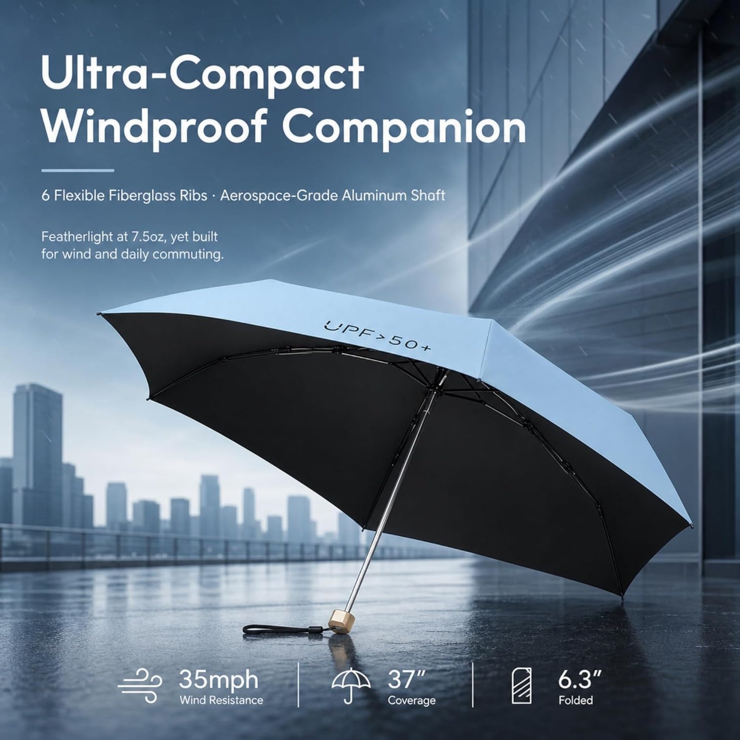 Compact Travel Umbrella, Mini Umbrella - UPF 50+ UV Protection & Waterproof, Windproof 6 Ribs Fiberglass, Pocket-Sized 6.3in Folded, Lightweight 7.05oz for Backpack Travel, Travel Essentials with Black Cooling Tech, for Women and Men, Perfect for