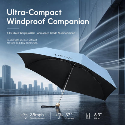 Compact Travel Umbrella, Mini Umbrella - UPF 50+ UV Protection & Waterproof, Windproof 6 Ribs Fiberglass, Pocket-Sized 6.3in Folded, Lightweight 7.05oz for Backpack Travel, Travel Essentials with Black Cooling Tech, for Women and Men, Perfect for