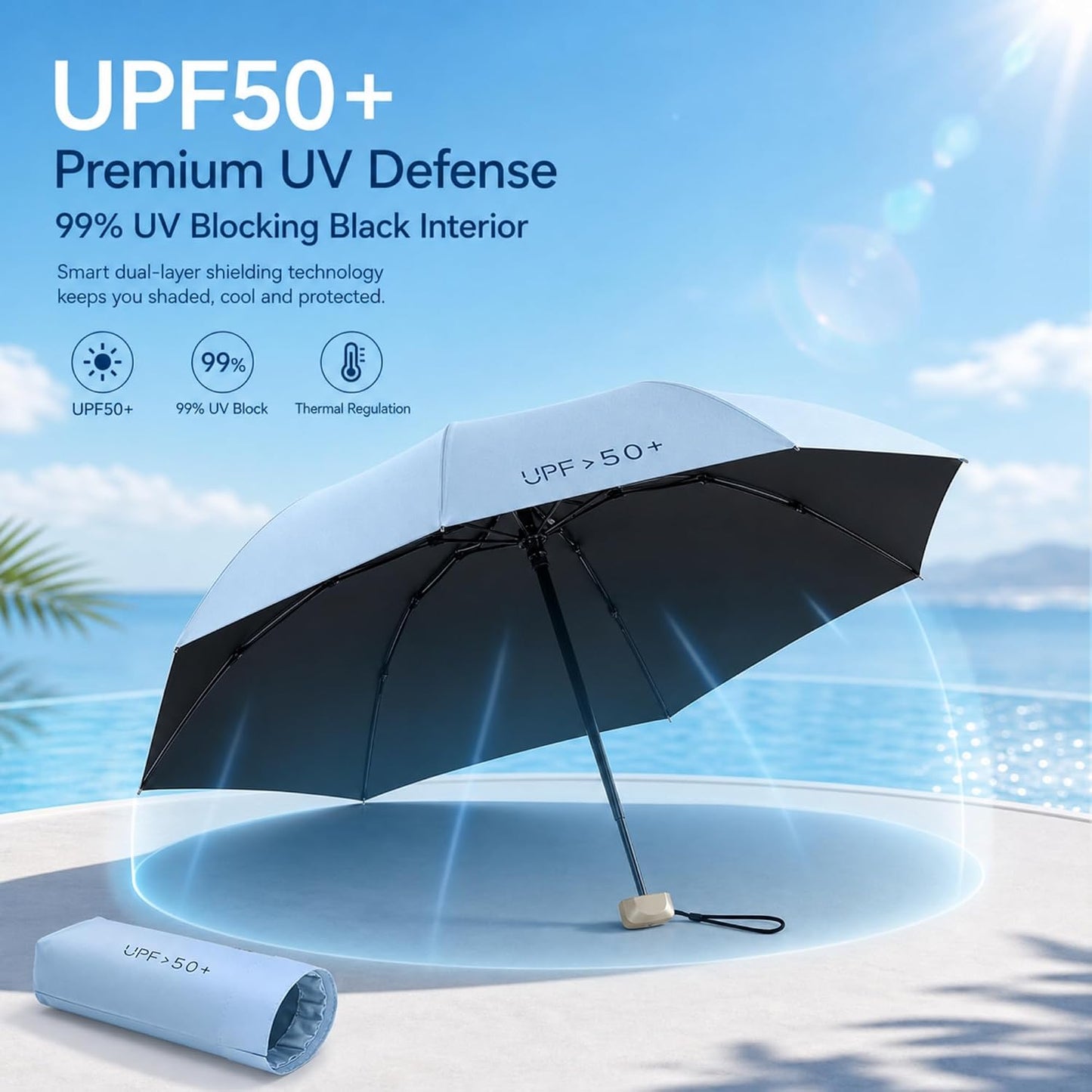Compact Travel Umbrella, Mini Umbrella - UPF 50+ UV Protection & Waterproof, Windproof 6 Ribs Fiberglass, Pocket-Sized 6.3in Folded, Lightweight 7.05oz for Backpack Travel, Travel Essentials with Black Cooling Tech, for Women and Men, Perfect for