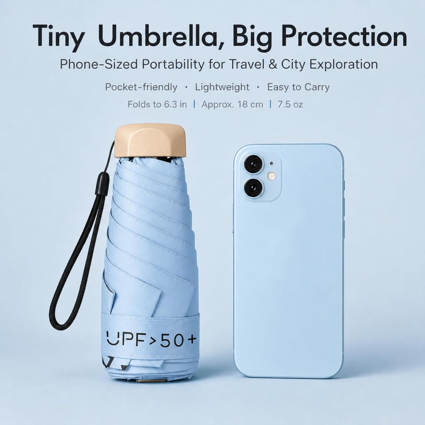 Compact Travel Umbrella, Mini Umbrella - UPF 50+ UV Protection & Waterproof, Windproof 6 Ribs Fiberglass, Pocket-Sized 6.3in Folded, Lightweight 7.05oz for Backpack Travel, Travel Essentials with Black Cooling Tech, for Women and Men, Perfect for