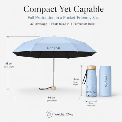 Compact Travel Umbrella, Mini Umbrella - UPF 50+ UV Protection & Waterproof, Windproof 6 Ribs Fiberglass, Pocket-Sized 6.3in Folded, Lightweight 7.05oz for Backpack Travel, Travel Essentials with Black Cooling Tech, for Women and Men, Perfect for