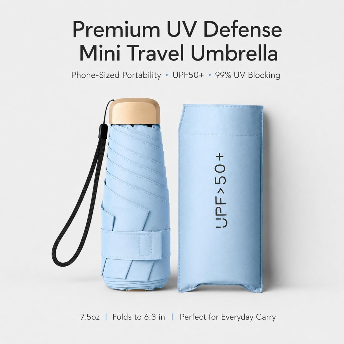 Compact Travel Umbrella, Mini Umbrella - UPF 50+ UV Protection & Waterproof, Windproof 6 Ribs Fiberglass, Pocket-Sized 6.3in Folded, Lightweight 7.05oz for Backpack Travel, Travel Essentials with Black Cooling Tech, for Women and Men, Perfect for