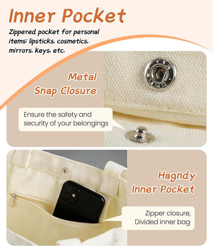 Canvas Tote Bags with Inner Pockets & Metal Snap, Womens Aesthetic Reusable Tote Bag for Vacation Travel Gym Shopping