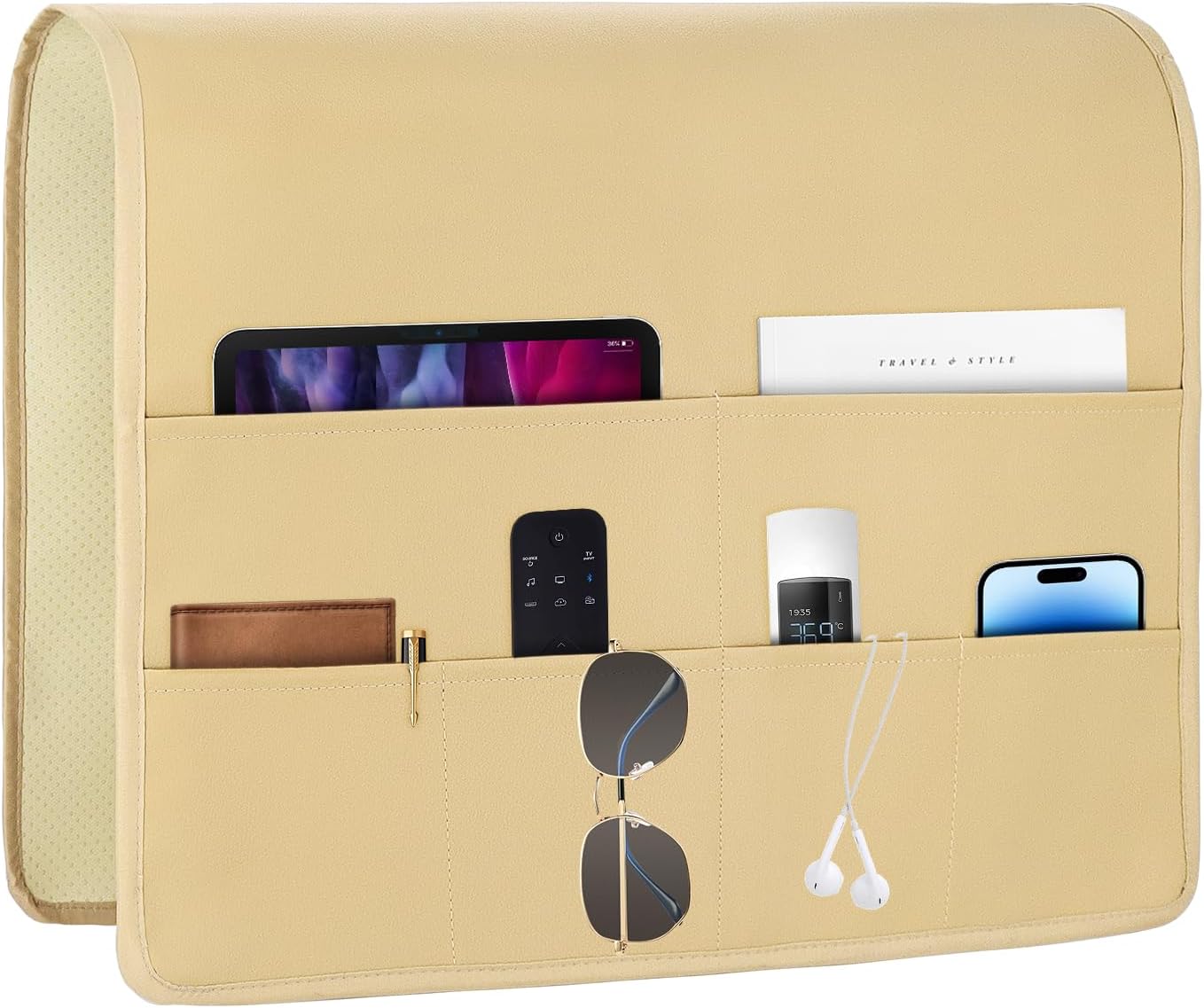 PU Leather Couch Organizer Caddy Sofa Armrest Organizer, Remote Control Holder for Recliner, Waterproof Armchair Caddy with 6 Pockets Storage for Magazine, Tablet, Phone (Earth Yellow)