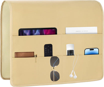 PU Leather Couch Organizer Caddy Sofa Armrest Organizer, Remote Control Holder for Recliner, Waterproof Armchair Caddy with 6 Pockets Storage for Magazine, Tablet, Phone (Earth Yellow)