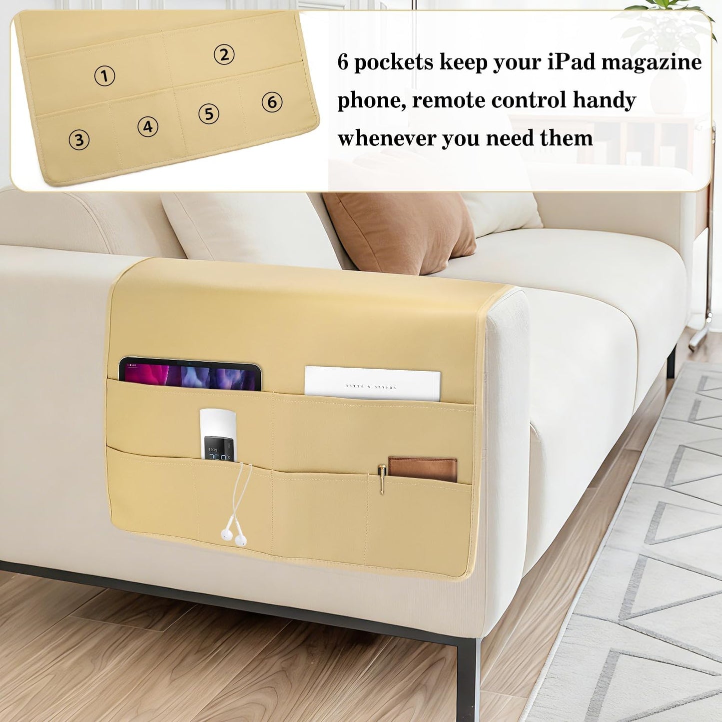 PU Leather Couch Organizer Caddy Sofa Armrest Organizer, Remote Control Holder for Recliner, Waterproof Armchair Caddy with 6 Pockets Storage for Magazine, Tablet, Phone (Earth Yellow)
