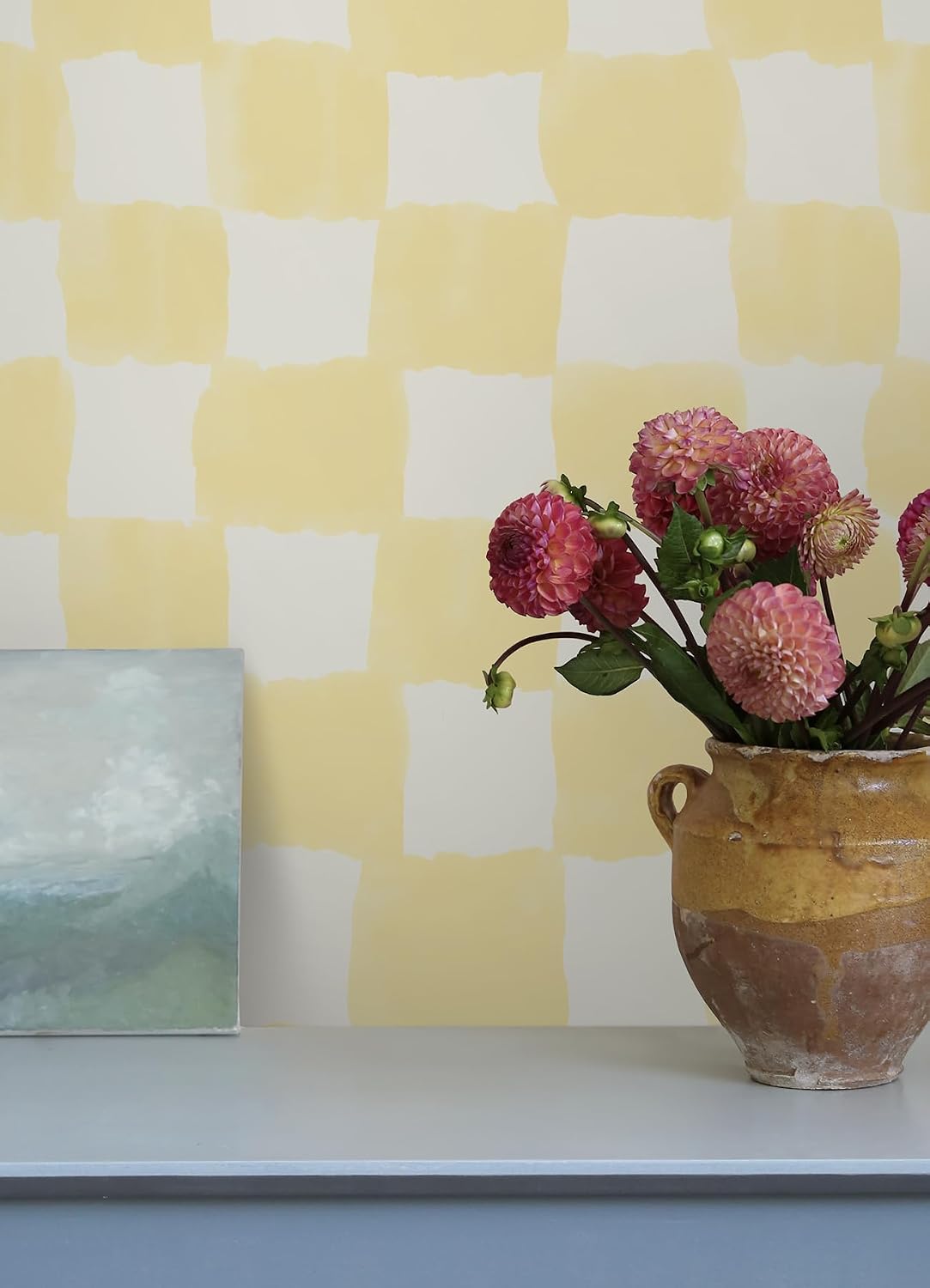 RoomMates Tess Watercolor Checker Pale Yellow Peel and Stick Wallpaper, Vinyl, 20.5-in x 18-ft