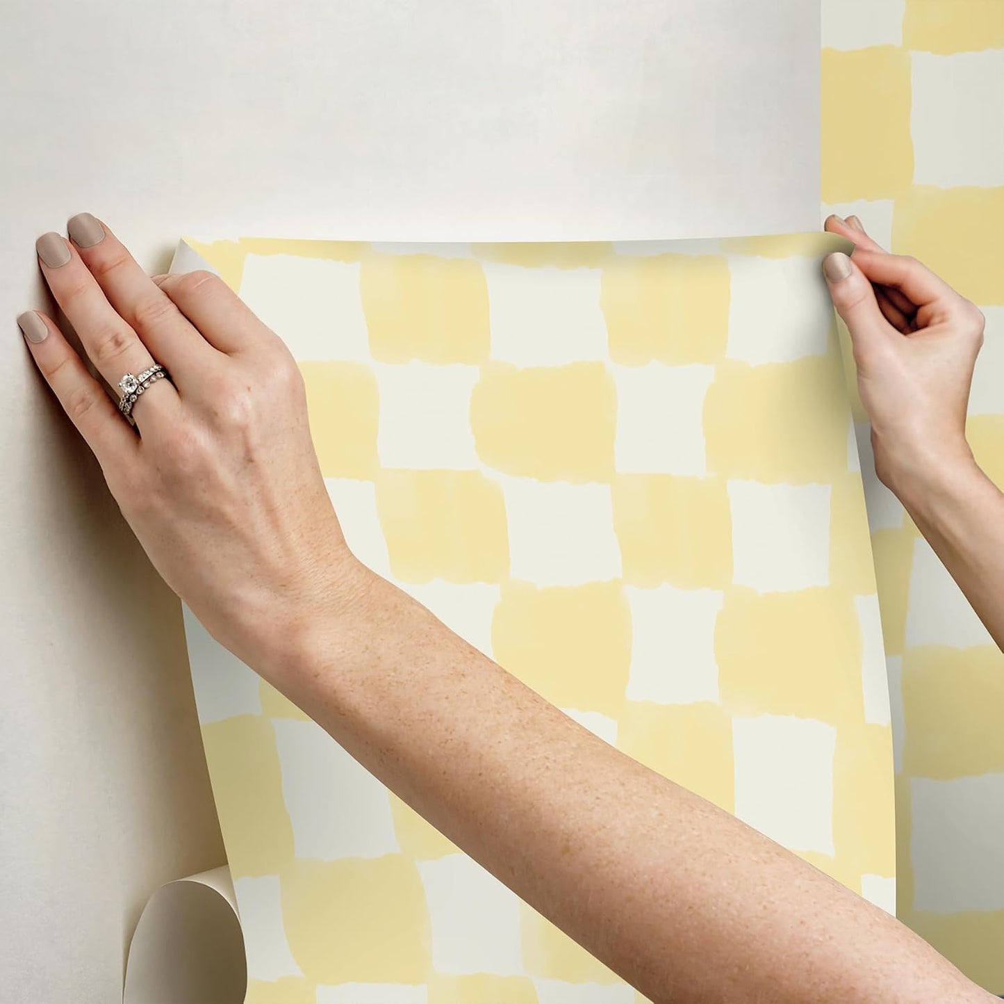 RoomMates Tess Watercolor Checker Pale Yellow Peel and Stick Wallpaper, Vinyl, 20.5-in x 18-ft