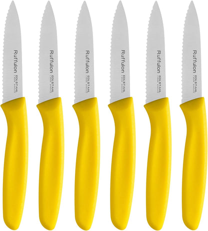 Stainless Steel Paring Knife With Serrated Blade, 6 Pieces Set Vegetable and Fruit Knife, Ultra Sharp Small Kitchen Knife, Yellow Paring Knives with PP Plastic Ergonomic Handle.