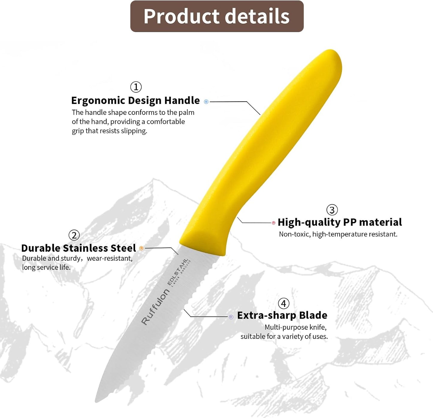Stainless Steel Paring Knife With Serrated Blade, 6 Pieces Set Vegetable and Fruit Knife, Ultra Sharp Small Kitchen Knife, Yellow Paring Knives with PP Plastic Ergonomic Handle.