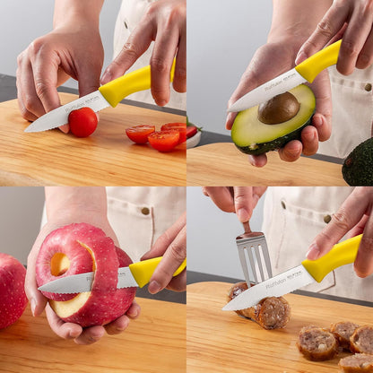 Stainless Steel Paring Knife With Serrated Blade, 6 Pieces Set Vegetable and Fruit Knife, Ultra Sharp Small Kitchen Knife, Yellow Paring Knives with PP Plastic Ergonomic Handle.