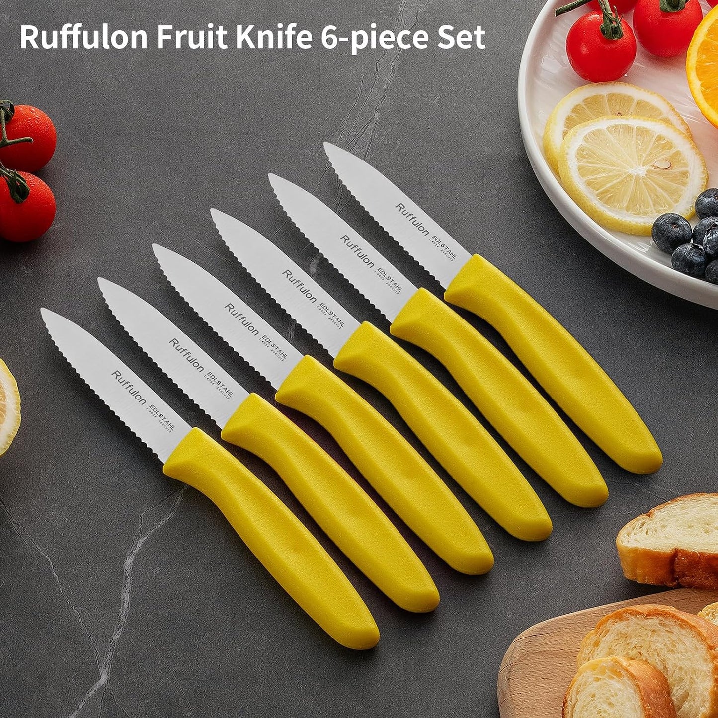 Stainless Steel Paring Knife With Serrated Blade, 6 Pieces Set Vegetable and Fruit Knife, Ultra Sharp Small Kitchen Knife, Yellow Paring Knives with PP Plastic Ergonomic Handle.