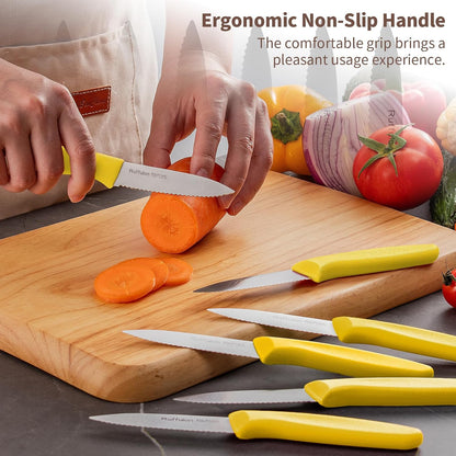 Stainless Steel Paring Knife With Serrated Blade, 6 Pieces Set Vegetable and Fruit Knife, Ultra Sharp Small Kitchen Knife, Yellow Paring Knives with PP Plastic Ergonomic Handle.