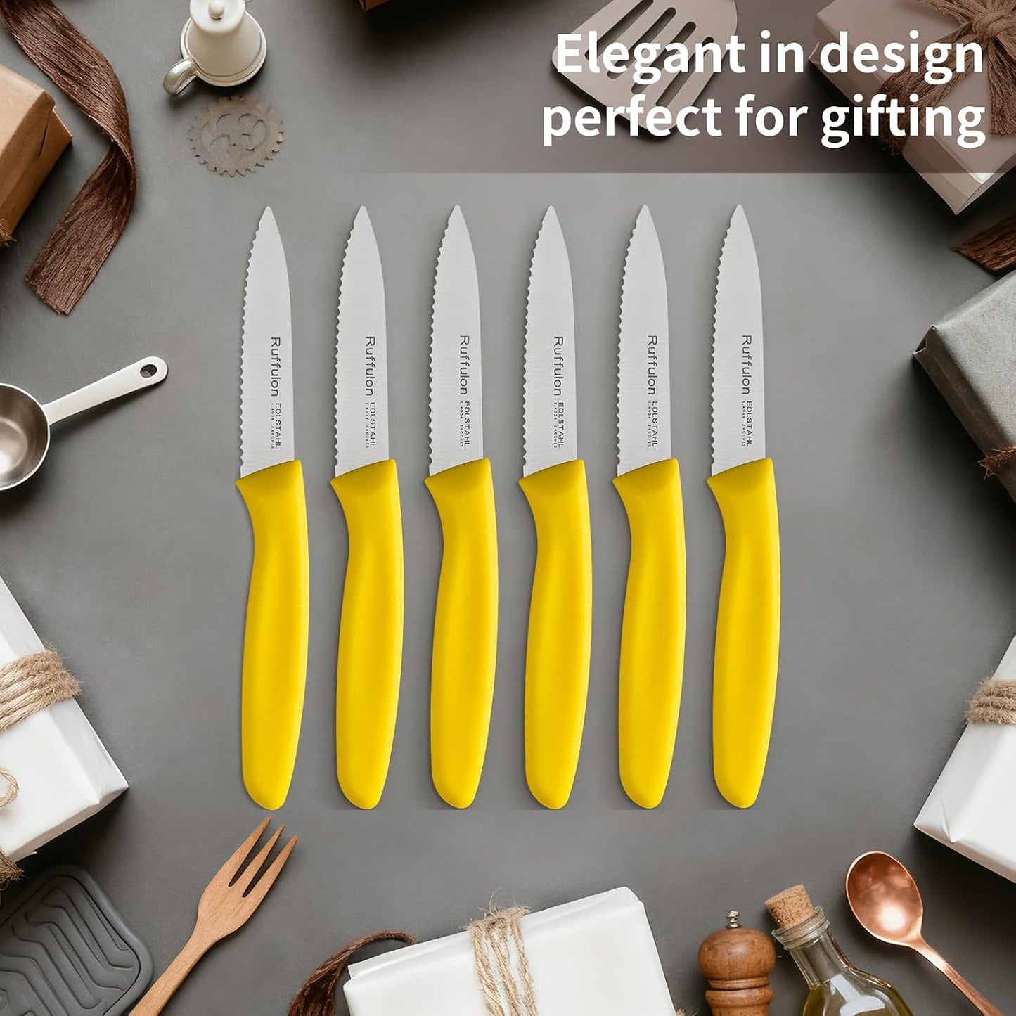Stainless Steel Paring Knife With Serrated Blade, 6 Pieces Set Vegetable and Fruit Knife, Ultra Sharp Small Kitchen Knife, Yellow Paring Knives with PP Plastic Ergonomic Handle.