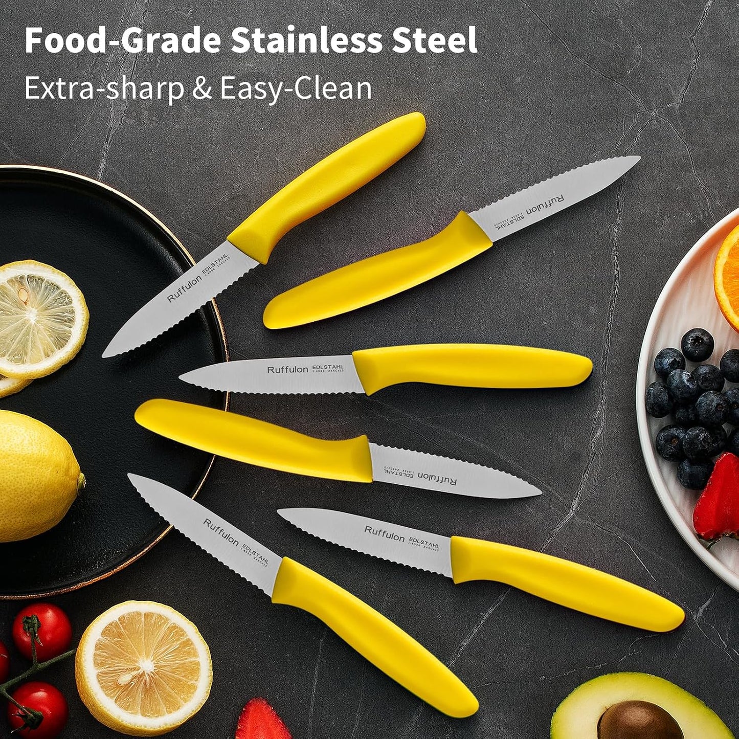 Stainless Steel Paring Knife With Serrated Blade, 6 Pieces Set Vegetable and Fruit Knife, Ultra Sharp Small Kitchen Knife, Yellow Paring Knives with PP Plastic Ergonomic Handle.