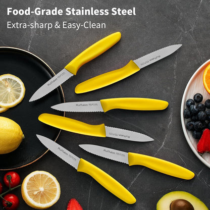 Stainless Steel Paring Knife With Serrated Blade, 6 Pieces Set Vegetable and Fruit Knife, Ultra Sharp Small Kitchen Knife, Yellow Paring Knives with PP Plastic Ergonomic Handle.